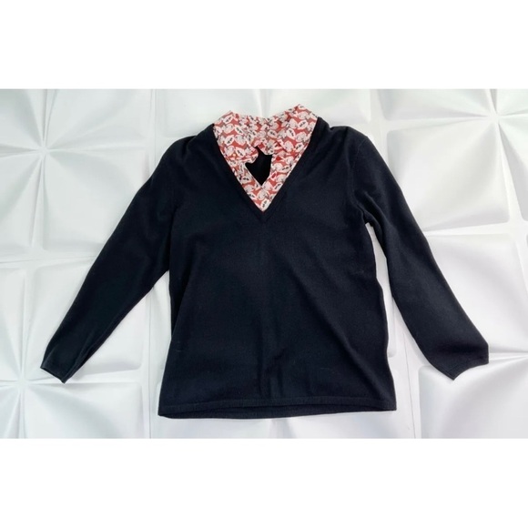 Tory Burch Women Sz M Black Merino Wool V Neck Layered Sweater Floral Silk Shirt - Picture 4 of 9